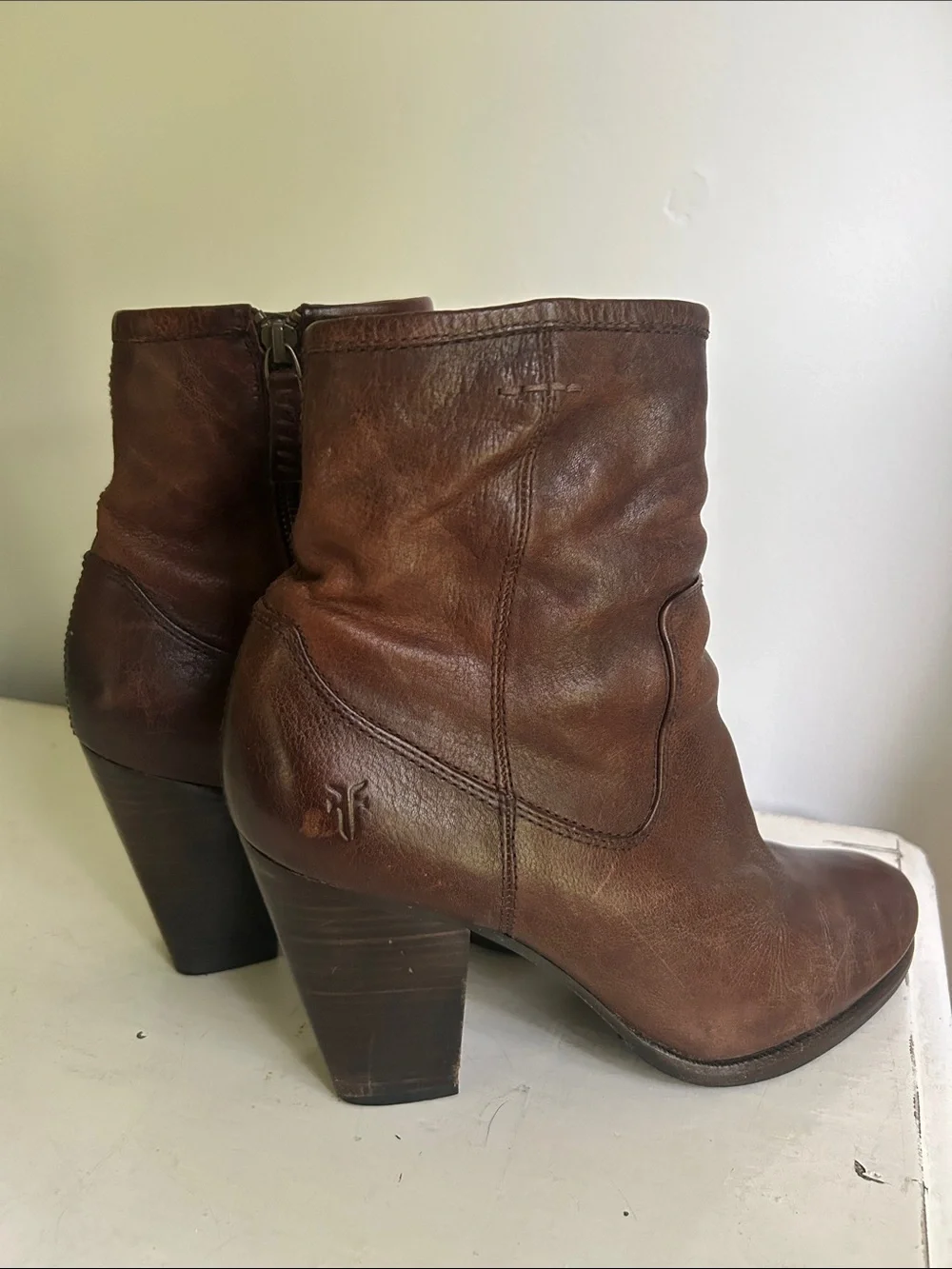 Frye Brown Leather Ankle Booties with Stacked Heel